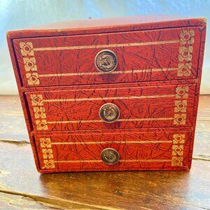 Vintage 50s Horseshoe Red Faux Leather Cardboard 3 Drawer Jewelry Box